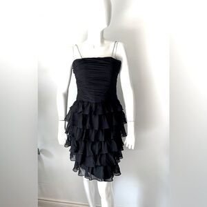 KAY UNGER NEW YORK 100% silk Black Tiered Cocktail Ruffled Dress Crystal strap